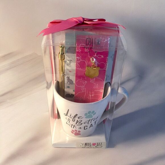 “Life Is Better With A Cat” Mug Desk Set Gift Charm Pen Journal Notepad Cup - Picture 1 of 3